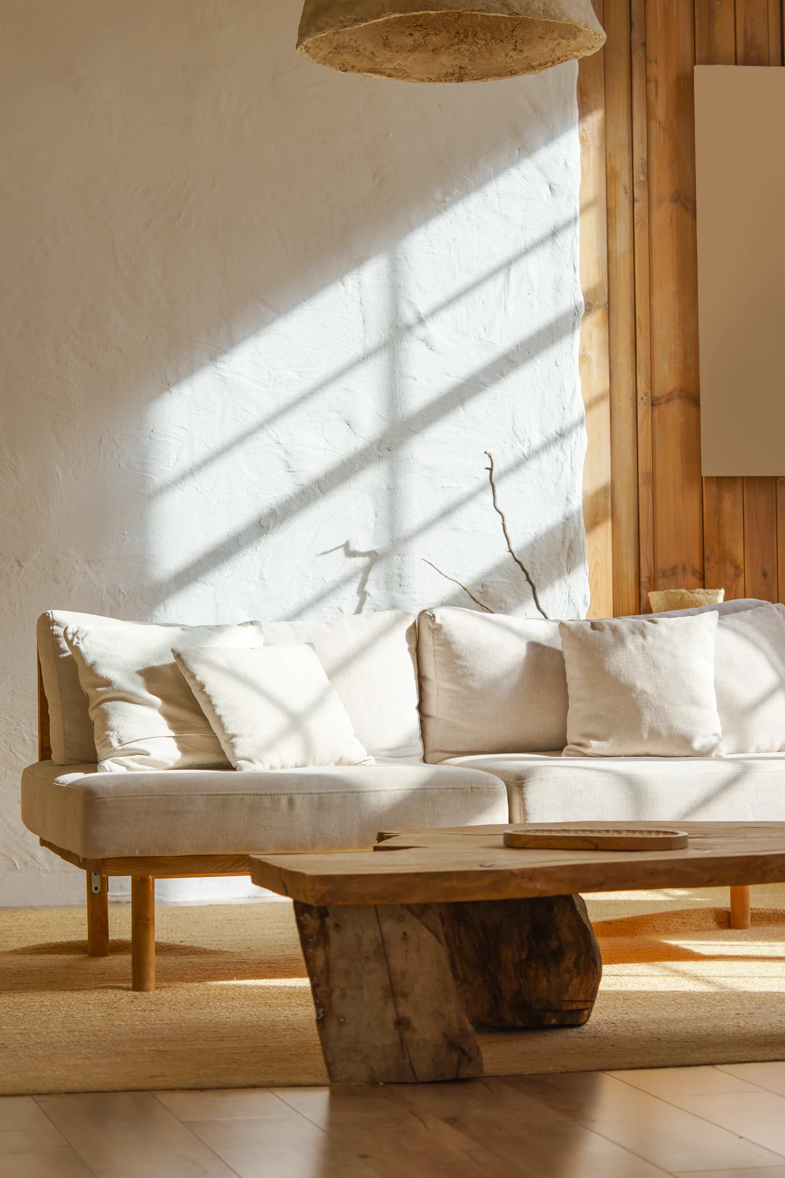 Warm sunlight across a natural living room